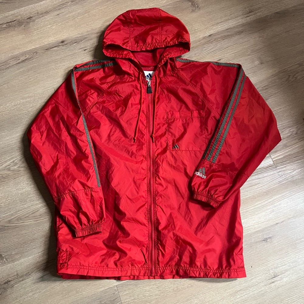 adidas Bright Red Hooded Windbreaker with Reflective Trim
